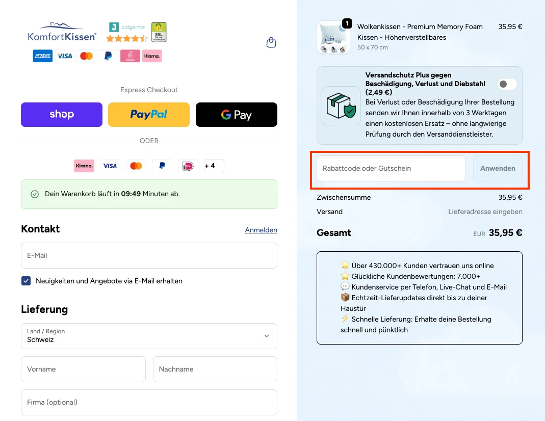 Wie verwendet man den Gutscheincode? - Komfortkissen