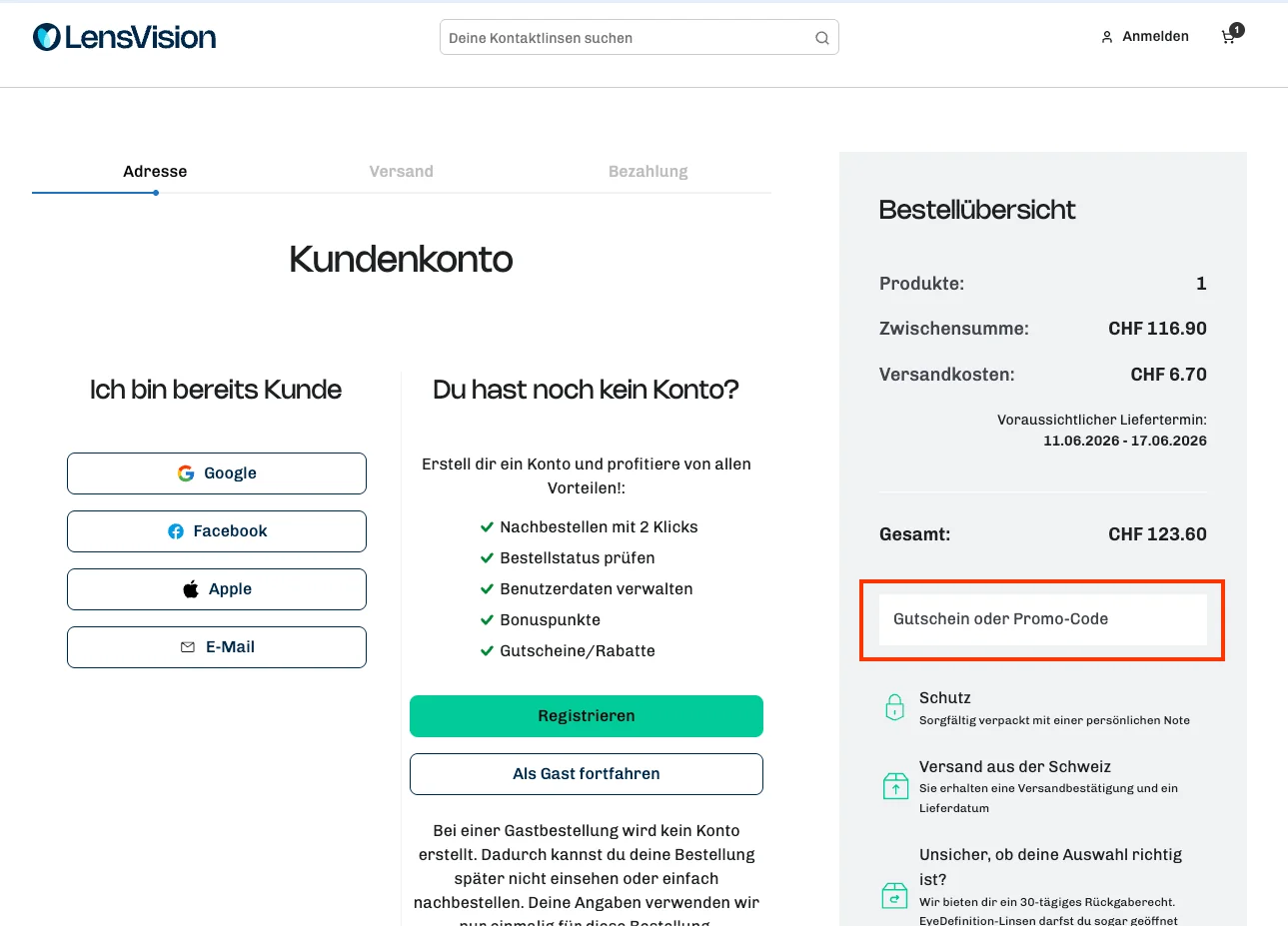 Wie verwendet man den Gutscheincode? - LensVision