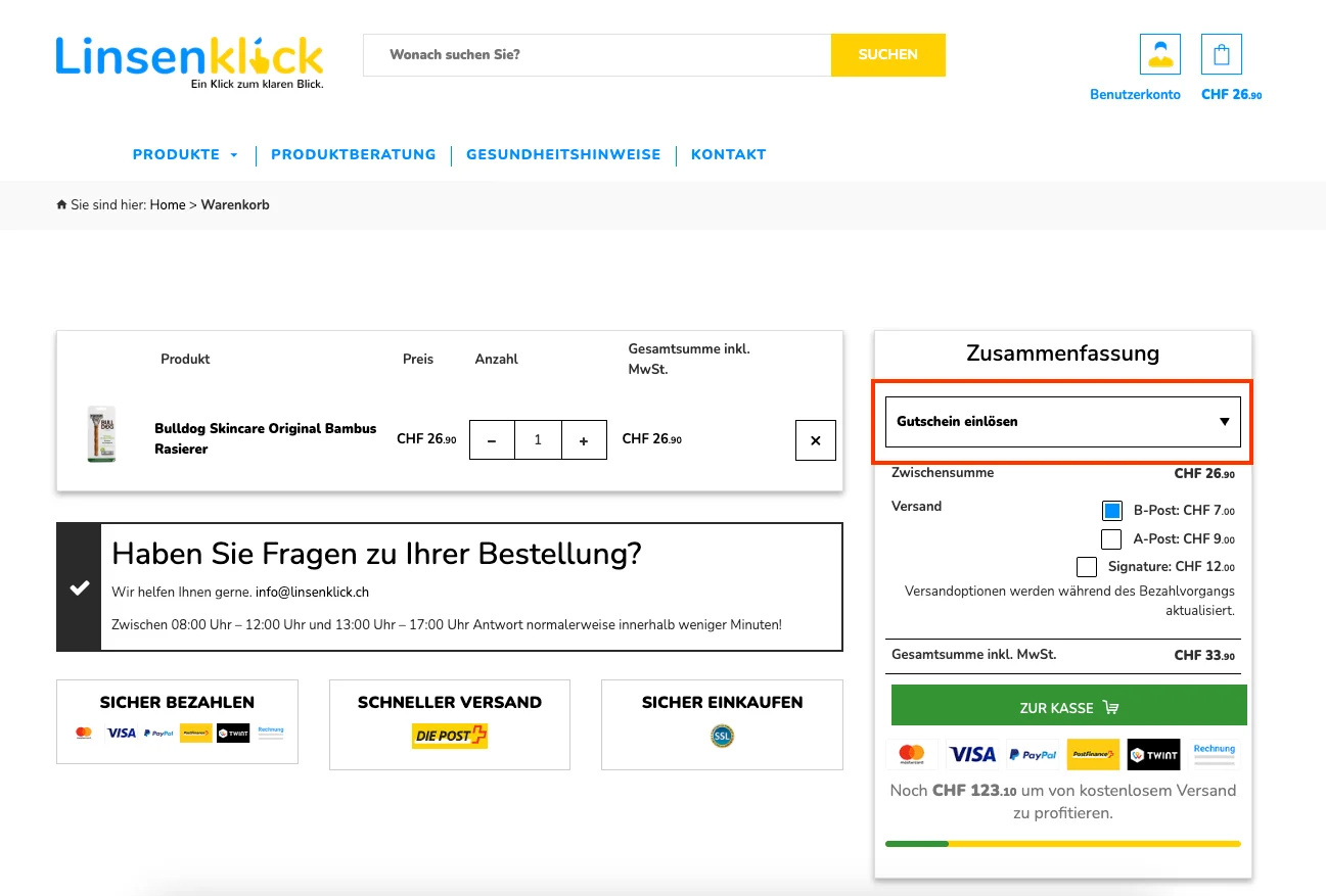 Wie verwendet man den Gutscheincode? - Linsenklick