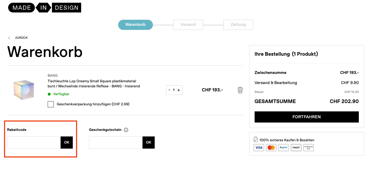 Wie verwendet man den Gutscheincode? - Made in Design
