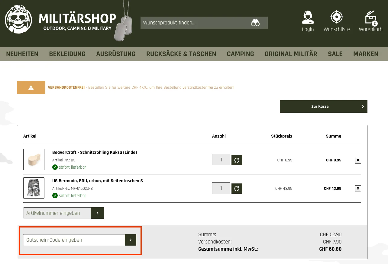 Wie verwendet man den Gutscheincode? - Militärshop