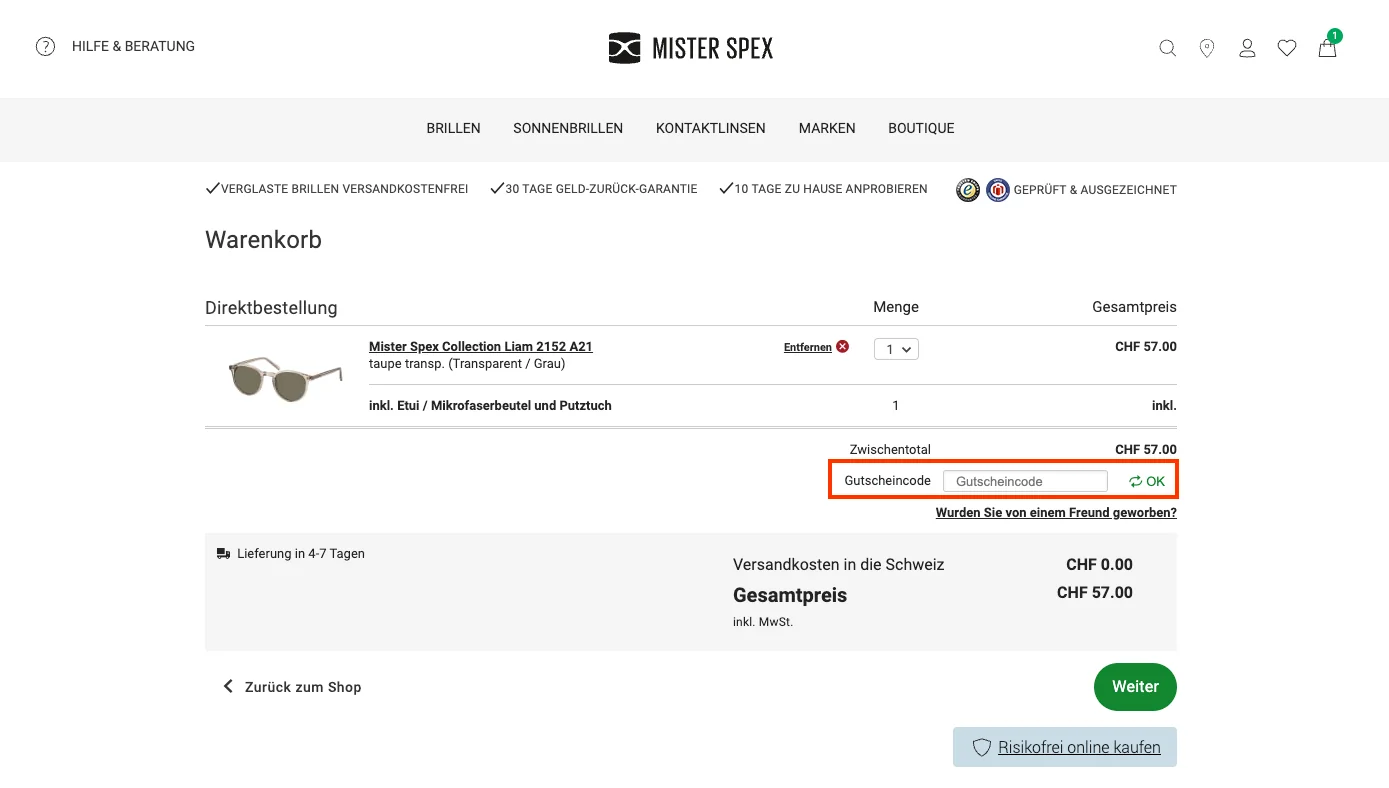Wie verwendet man den Gutscheincode? - Mister Spex
