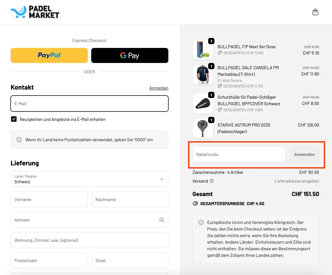 Wie verwendet man den Gutscheincode? - Padel Market