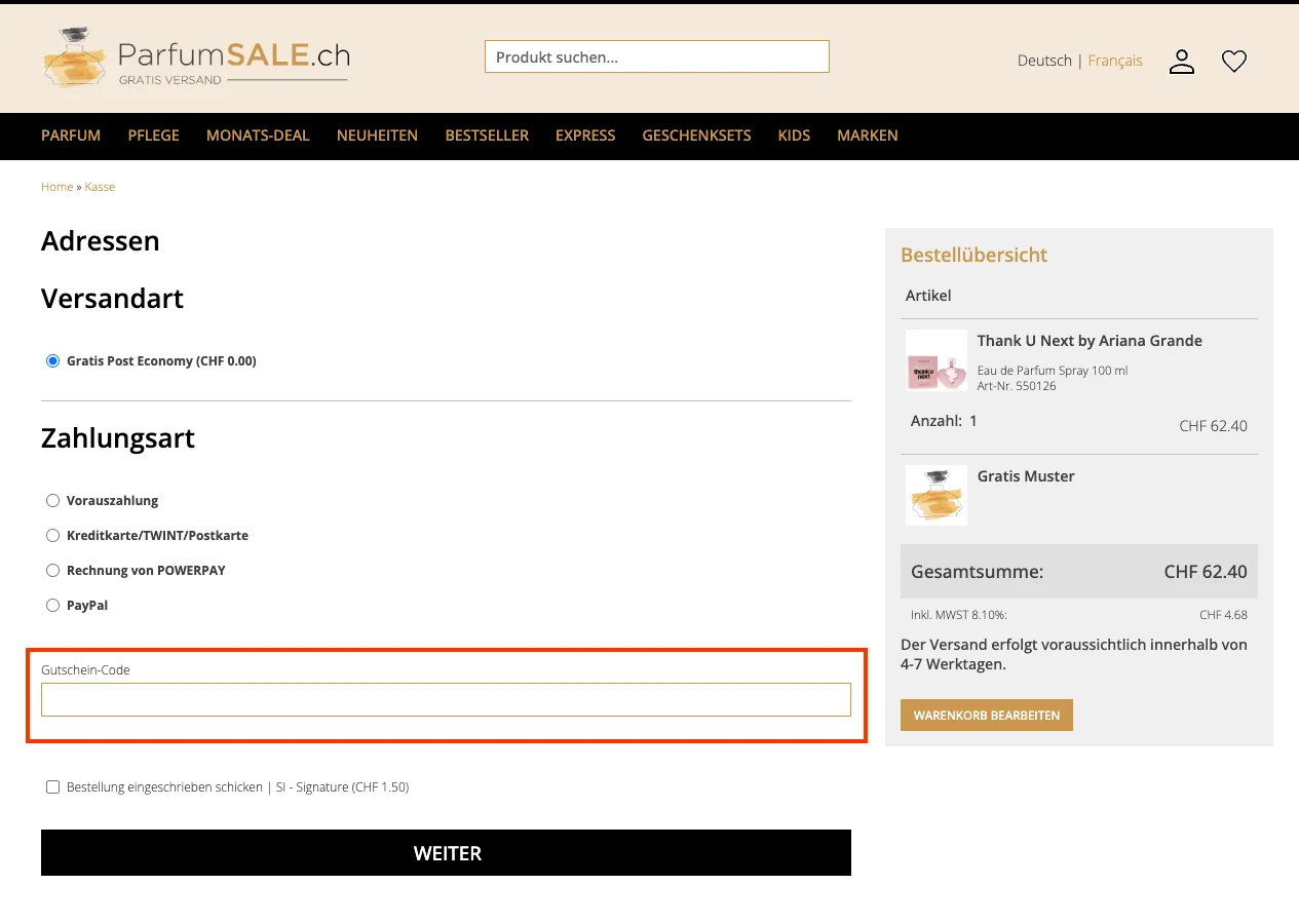 Wie verwendet man den Gutscheincode? - Parfumsale