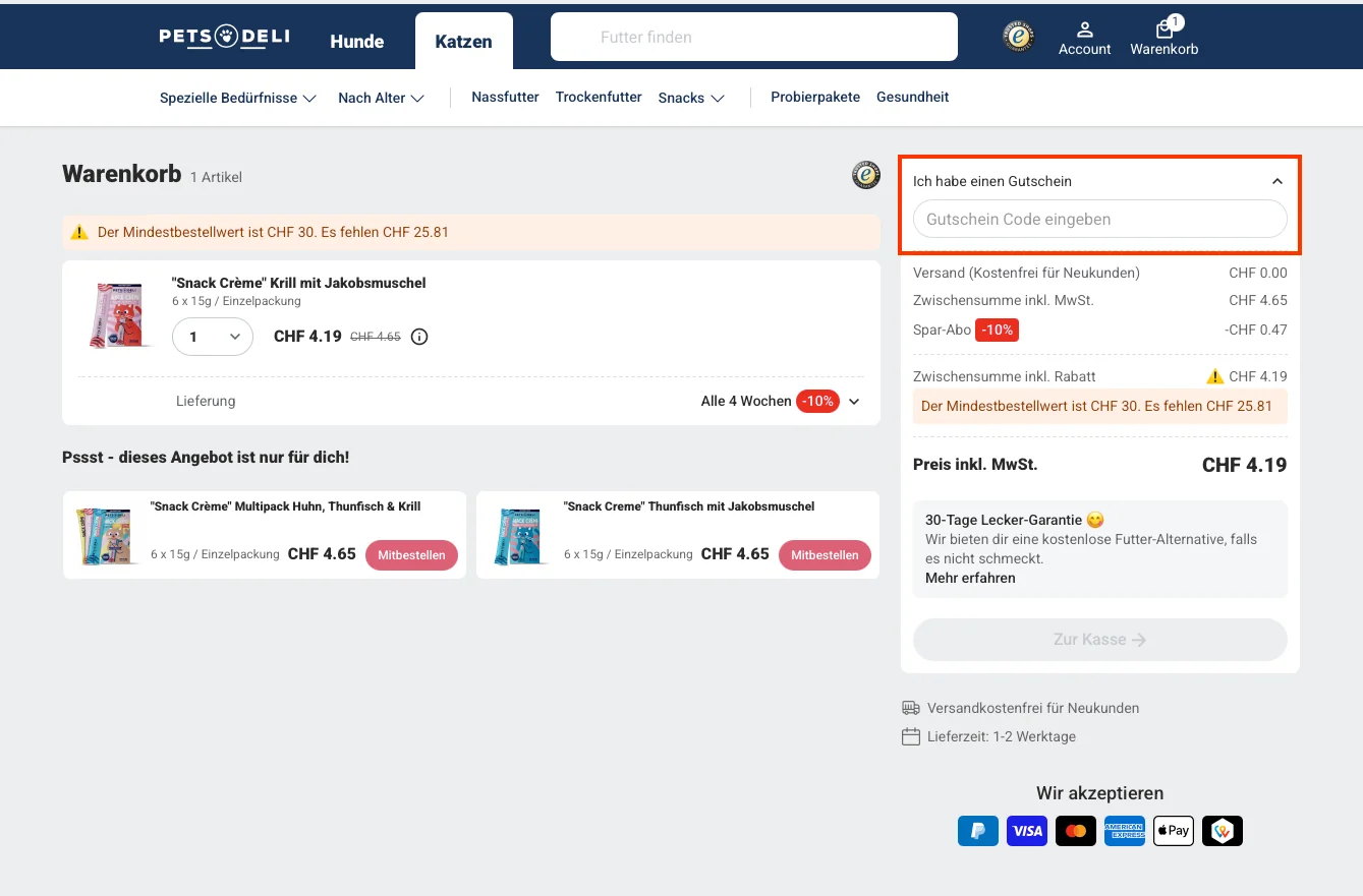 Wie verwendet man den Gutscheincode? - Pets Deli