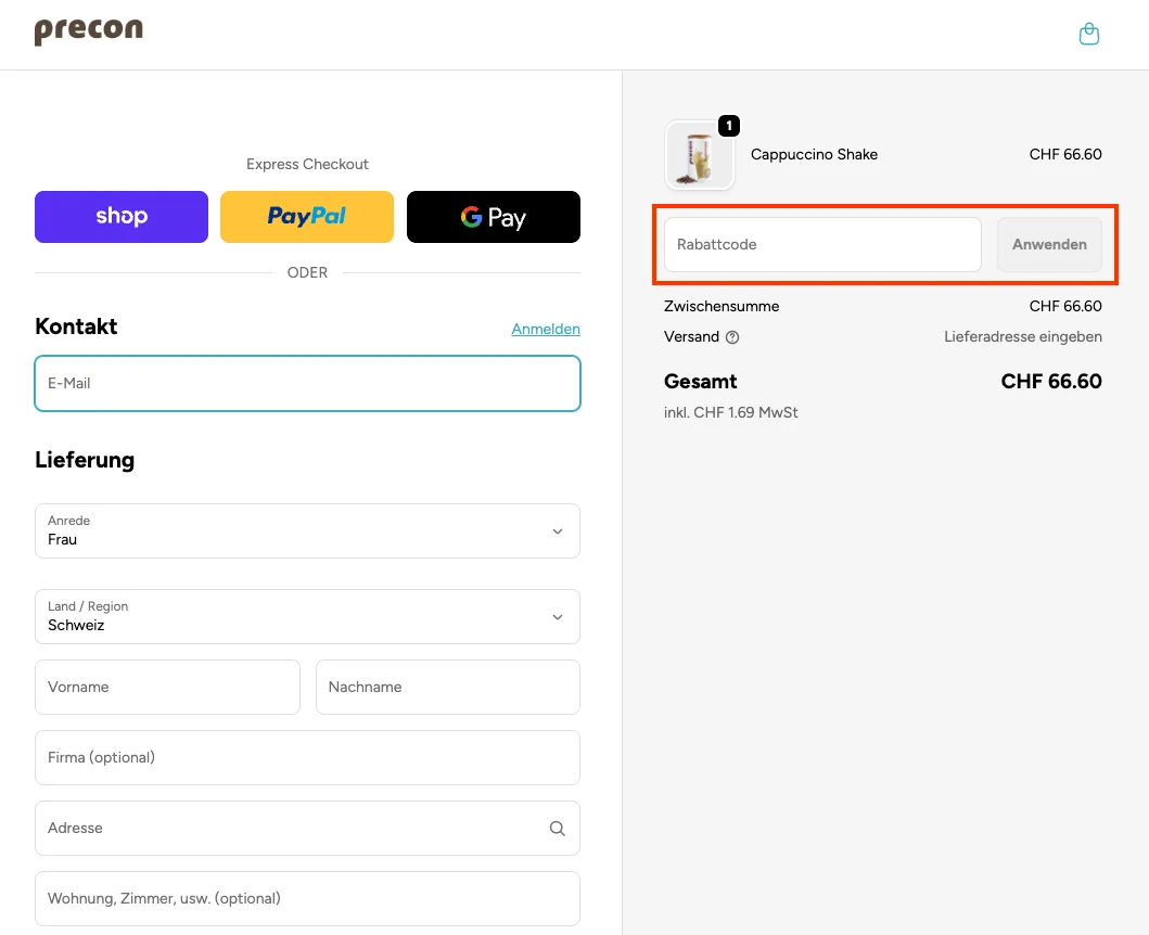 Wie verwendet man den Gutscheincode? - Precon