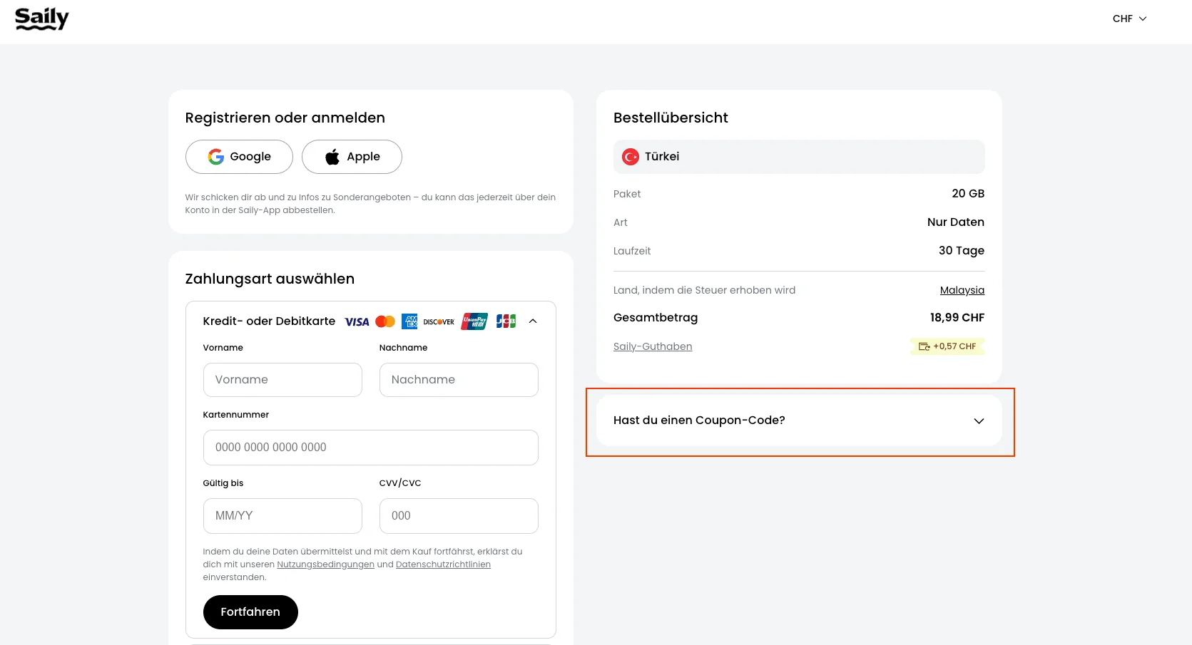 So verwendest du einen Gutscheincode - Saily