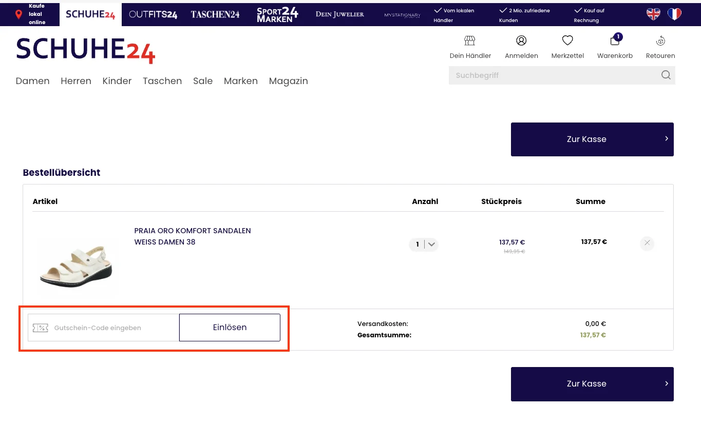 Wie verwendet man den Gutscheincode? - Schuhe24