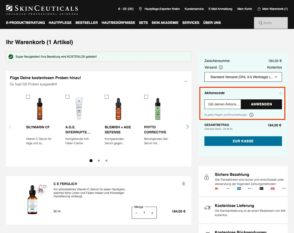Wie verwendet man den Gutscheincode? - SkinCeuticals