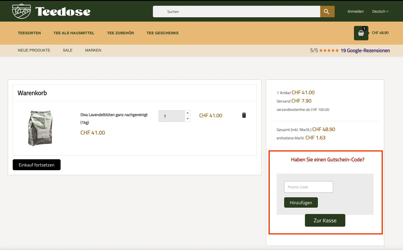 Wie verwendet man den Gutscheincode? - Teedose