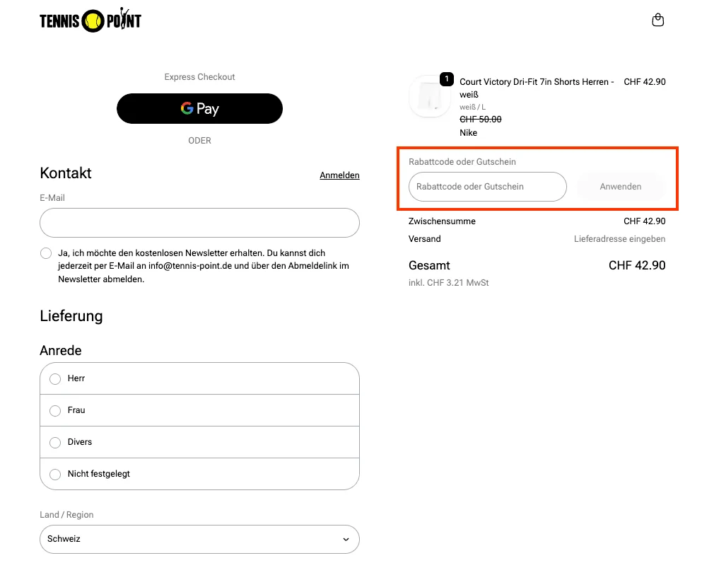 Wie verwendet man den Gutscheincode? - Tennis Point
