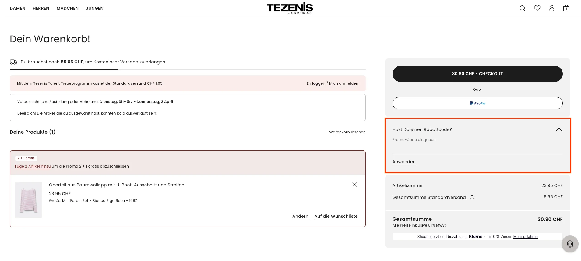 Wie verwendet man den Gutscheincode? - Tezenis