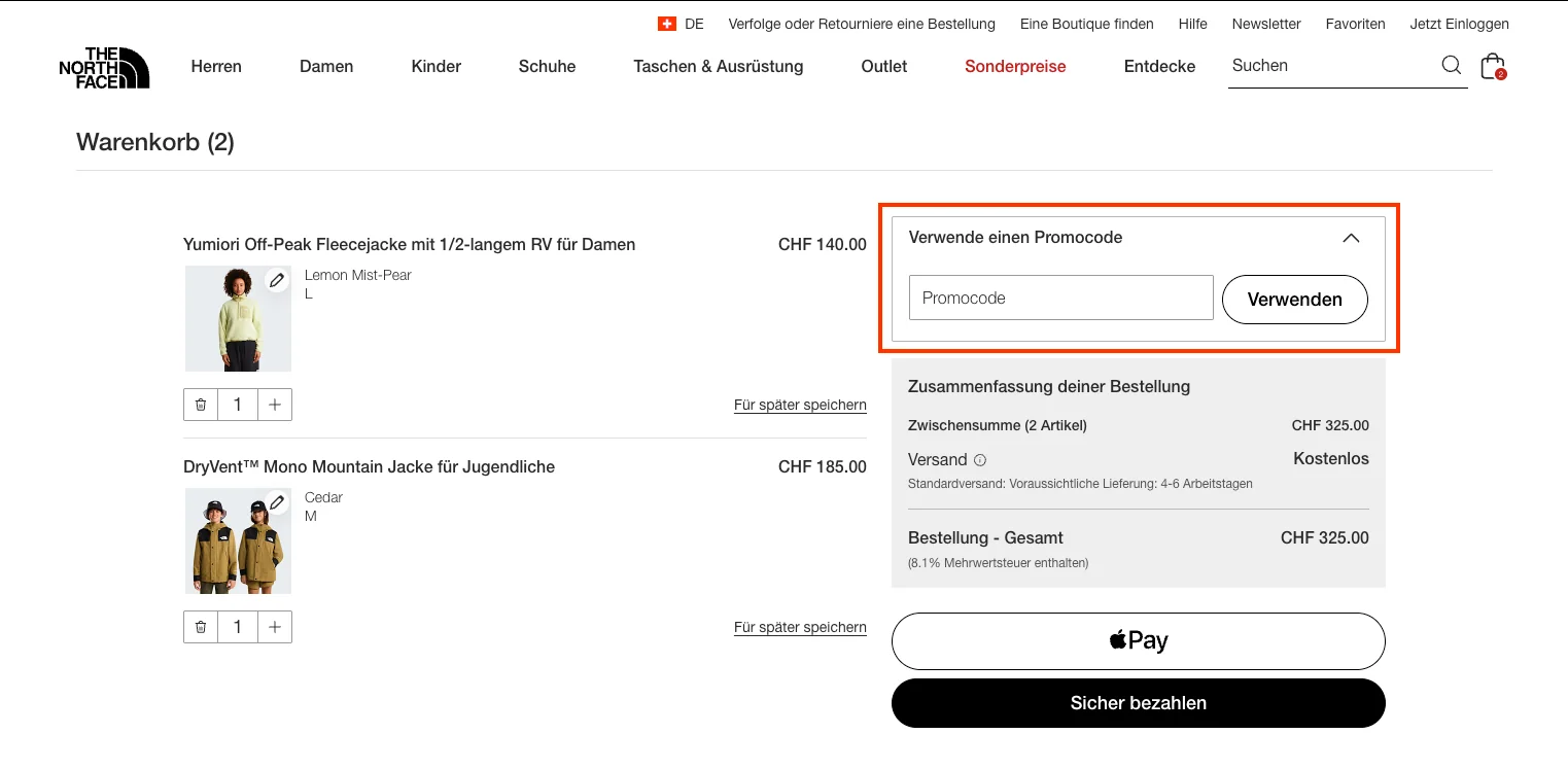 Wie verwendet man den Gutscheincode? - The North Face