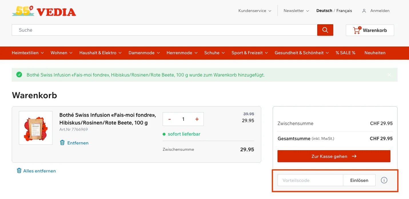 Wie verwendet man den Gutscheincode? - Vedia