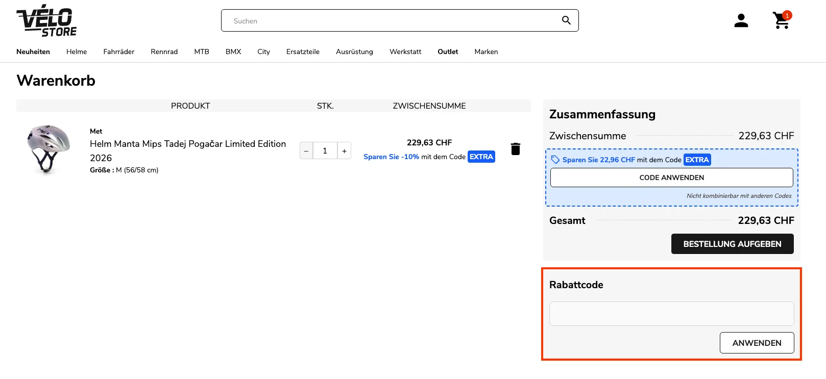 Wie verwendet man den Gutscheincode? - Velo Store