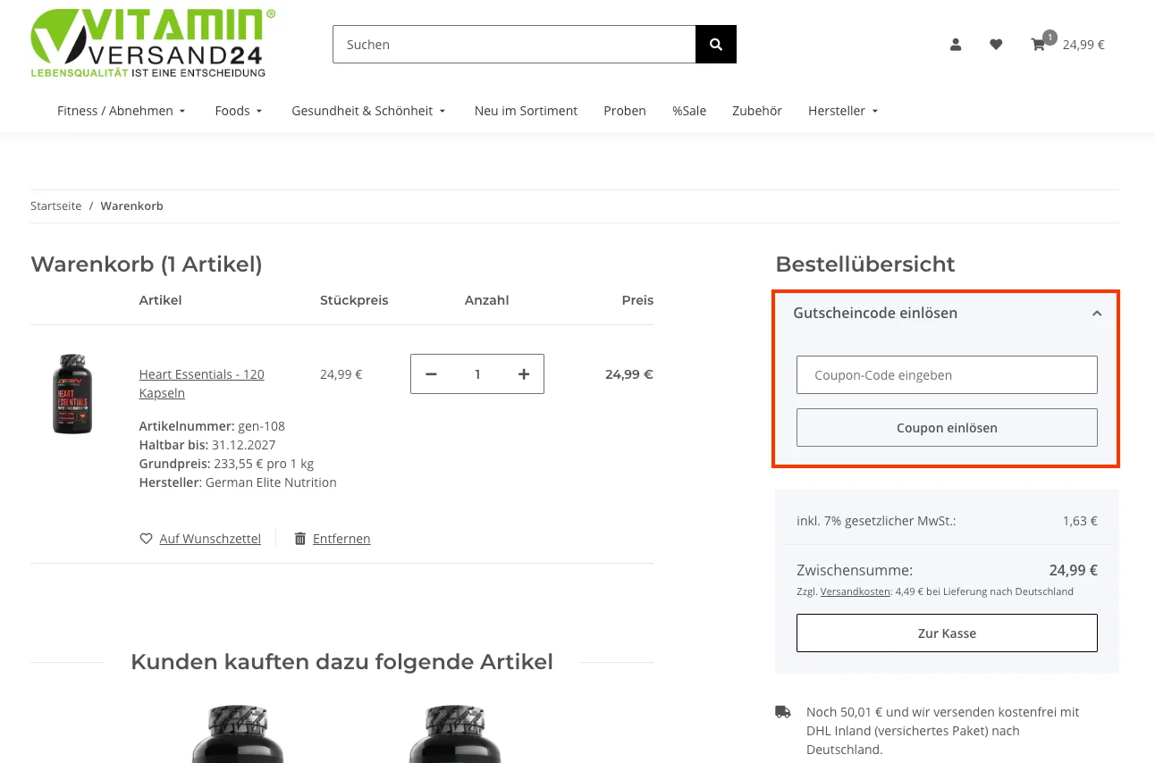 Wie verwendet man den Gutscheincode? - VitaminVersand24
